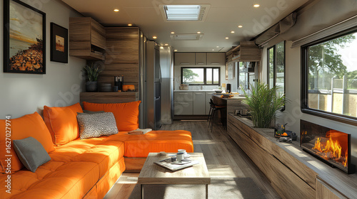 Modern interior of a cozy mobile home or compact mobile home.  