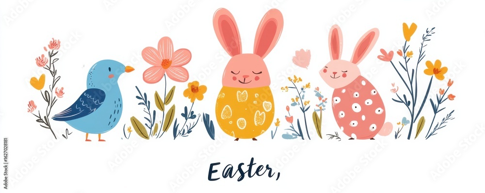 Cheerful Easter illustration of bunnies, flowers, bird, and festive design elements Cheerful Easter illustration of bunnies, flowers, bird, and festive design elements