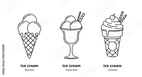 A collection of various ice cream line art illustrations. Vector icons of a waffle cone, sundae, and frozen dessert.