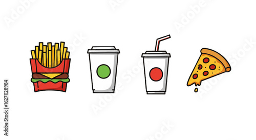 Fast food icon set num1 (178).eps with pizza, french fries, and soda cups. Colorful vector illustration collection for menu design.