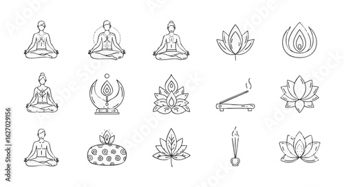 Set of minimalist line icons for yoga and meditation. Includes spiritual symbols like lotus pose, flowers, and incense for wellness concepts.