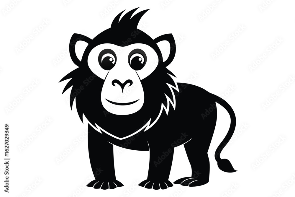 Fototapeta premium Upright black cartoon gorilla displays a friendly face on a white background
