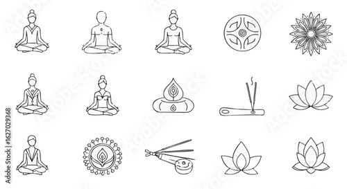 Set of black line icons for yoga, meditation, and spiritual wellness. Includes lotus pose, mandalas, and incense symbols.