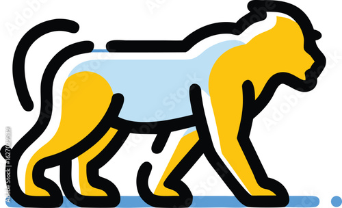 Canvas Print Stylized golden monkey calmly walks, outlined in black, accented with blue shado