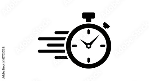 Vector art of a black stopwatch icon with motion lines indicating speed and quickness, isolated on a white background