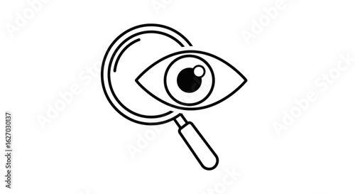 Vector art of a stylized black and white outline graphic depicts an eye being examined through a magnifying glass, symbolizing search and discovery