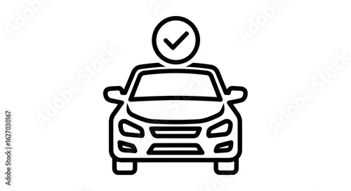 Vector art of a simple black and white line icon of a car with a checkmark inside a circle above it, symbolizing approval or selection
