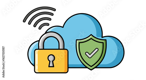 Vector art of cloud security with a padlock and shield icon, symbolizing data protection and wireless network access