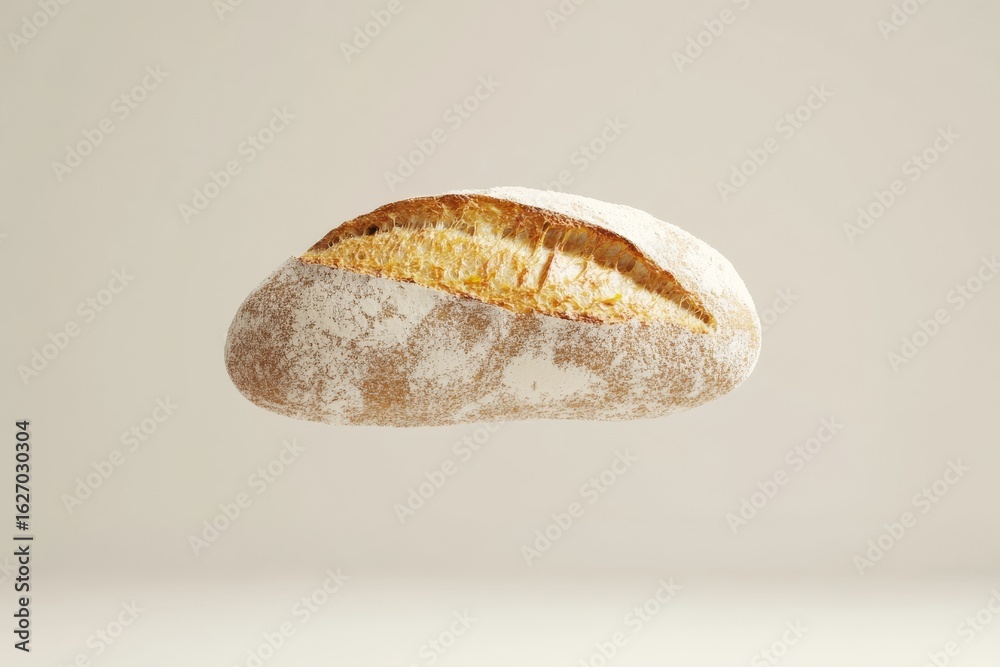 Naklejka premium Freshly baked bread loaf floating in minimalist background for culinary design