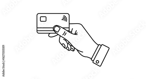 Vector art of a hand holding a credit card with a contactless payment symbol, ready for a transaction