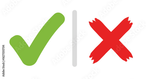 Vector art of a green check mark and a red cross symbol are displayed side by side, representing a choice between correct and incorrect options