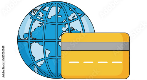 Vector art of a yellow credit card is placed in front of a blue globe, symbolizing global financial transactions and online payments