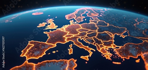 Digital map illustration of Western Europe glowing with network connections. Vibrant blue, orange hues depict futuristic global design from space. Features continents, borders, illuminated cities,