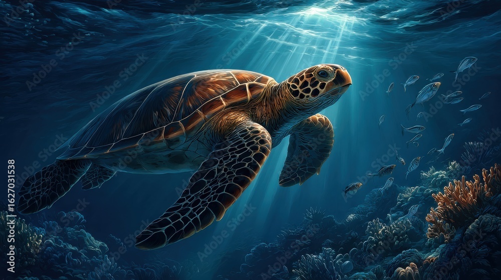 Fototapeta premium Turtle swimming among vibrant sea life with sunbeams illuminating coral reefs and fish, ideal for nature and marine life concepts.