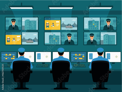 Clean and modern vector  security control room monitoring surveillance system with guards team
