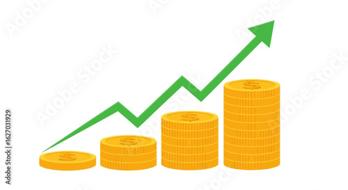 Vector art of a stack of golden coins grows taller with a green arrow indicating financial growth and upward trend