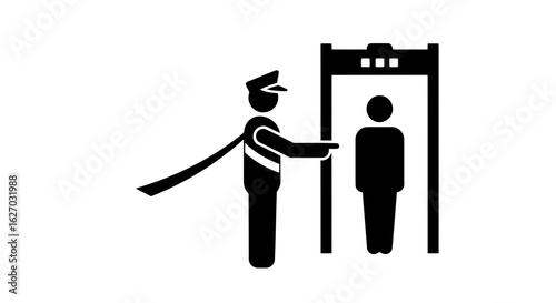 Vector art of a security guard directs a person through a metal detector checkpoint