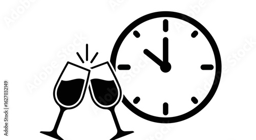 Vector art of two glasses of champagne clinking together in a toast, with a clock in the background indicating a celebratory time
