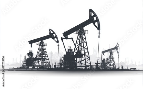 Silhouetted oil rigs on horizon