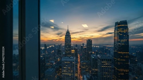 Slow pan of skyline from office window dusk time