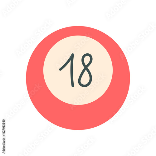 Flat bingo board game ball with number for play and fun. Lotto toy representing childhood recreation and entertainment. Simple boardgame for table activity leisure.