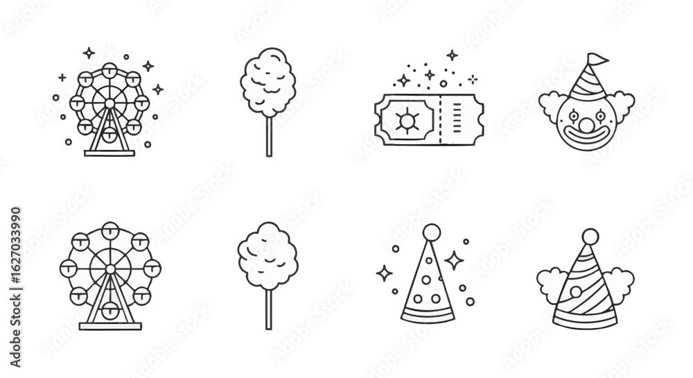 Fototapeta premium Collection of carnival and circus thin line icons. Vector symbols of a Ferris wheel, cotton candy, clown, and party elements for design projects