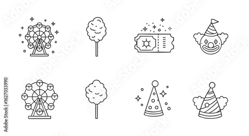 Collection of carnival and circus thin line icons. Vector symbols of a Ferris wheel, cotton candy, clown, and party elements for design projects