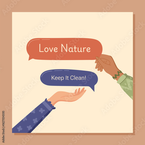 Flat cartoon concept with hands sharing speech bubbles on social media. Vibrant message emphasizes love for nature and community solidarity. Supports environmental awareness and unity.