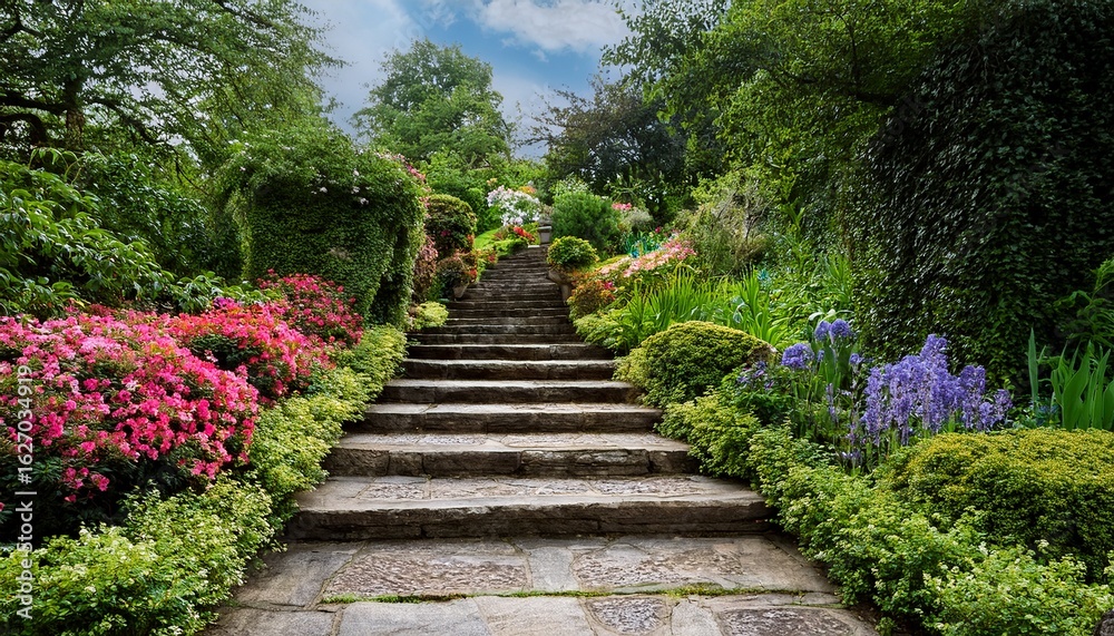 a stone staircase leading up to a lush garden with vibrant flowers and greenery a stone staircase leading up to a lush garden with vibrant flowers and greenery