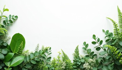 Fresh green plants border composed of leaves, delicate white flowers on clean white background. Features botanical elements like eucalyptus, fern creating natural, organic frame. Minimalist design
