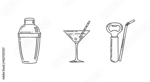 Cocktail Hour Essentials Shaker, Martini Glass, and Bottle Opener