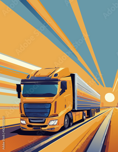 A dynamic illustration of a yellow semi-trailer truck speeding along a highway, with lines indicating motion and a stylized sun in the background