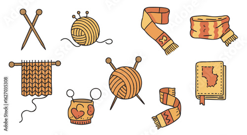 A charming hand-drawn set of knitting hobby elements, featuring colorful yarn balls, needles, and cozy winter scarves for craft projects