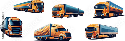 A fleet of modern trucks with different angles, ideal for transport industry, logistic and delivery business