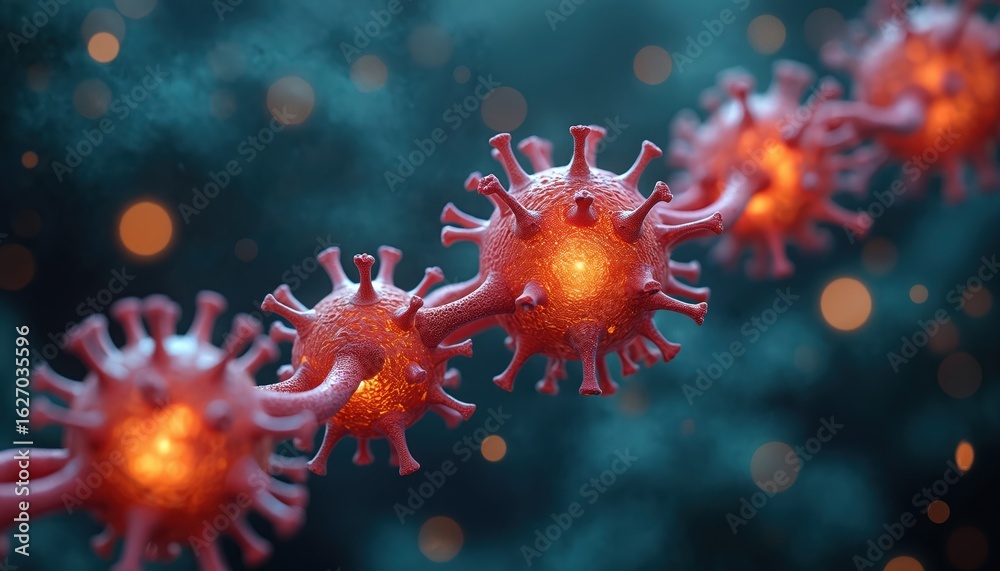 Fototapeta premium Microscopic view of interconnected, glowing red virus particles with spike proteins. Abstract biological illustration visualizes pathogenic cells medical concept with vibrant colors, soft bokeh