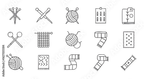 Line art icon set of knitting tools, yarn, and handmade scarves, perfect for craft projects and creative content related to textile arts and hobbies
