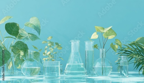 Clear glass labware and plants against a light teal backdrop