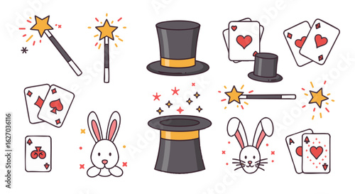 Collection of cartoon magic tricks, playing cards, and a rabbit.