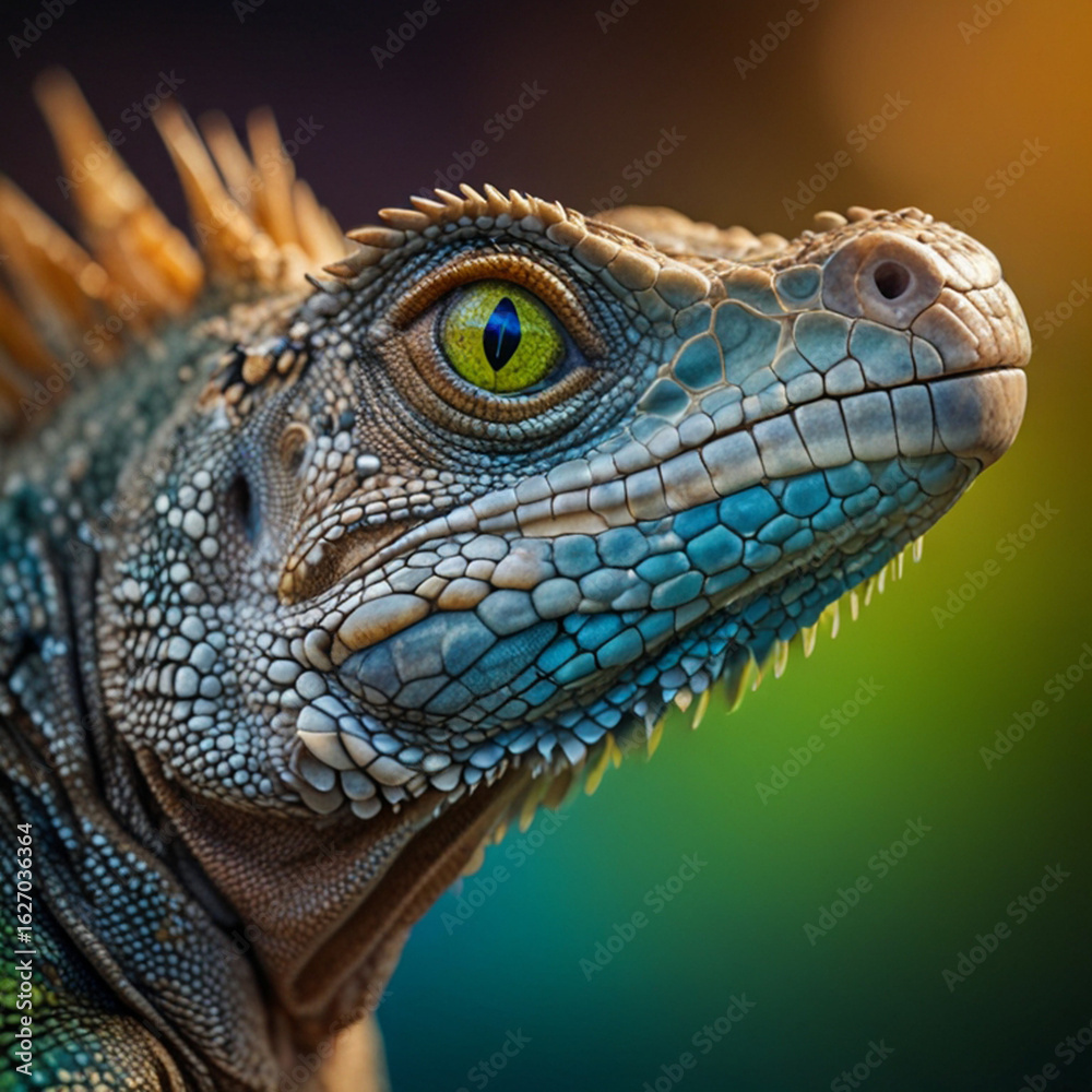 Fototapeta premium Iguana, close up photo of animal head, color full.