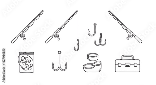 Simple line art illustrations of fishing equipment, including rods, hooks, bait containers, and a tackle box.