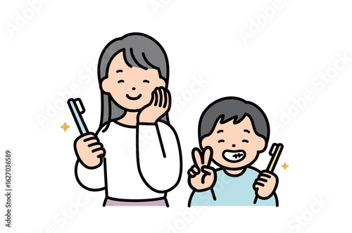 歯磨きをする親子のイラスト素材