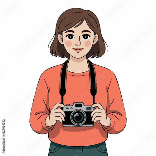 Clean and modern vector  illustration of a young woman photographer holding a camera ready to take photos in a creative design style