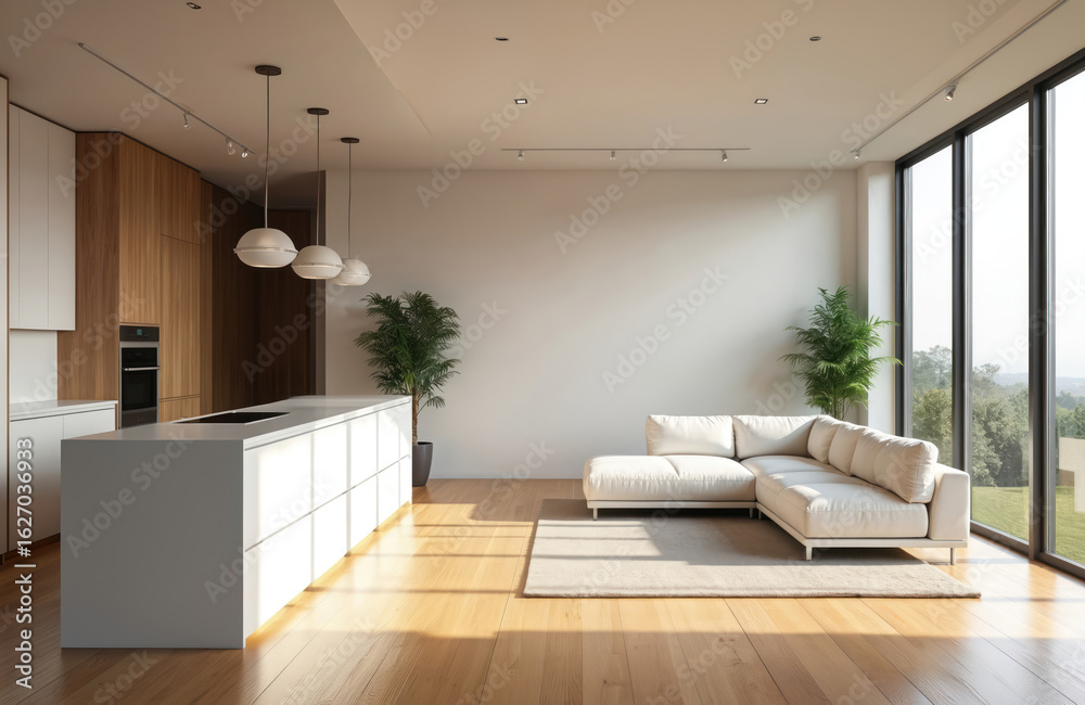 Fototapeta premium Modern kitchen, living room integration. Features natural light flooding through large windows, white sectional sofa, minimalist kitchen island with pendant lights, wood cabinetry. Cityscape view