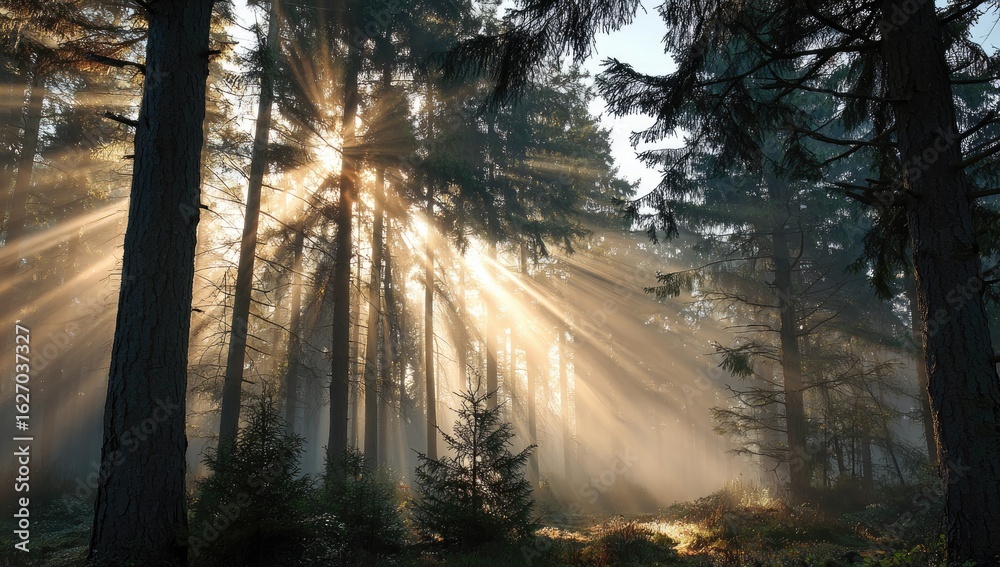 Obraz premium Sunlight streams through misty forest