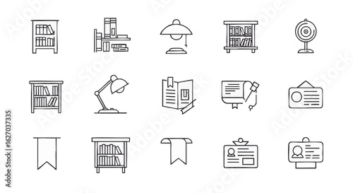 Collection of outline icons depicting essential items for study, office, and library environments, suitable for educational, business, and informational design projects