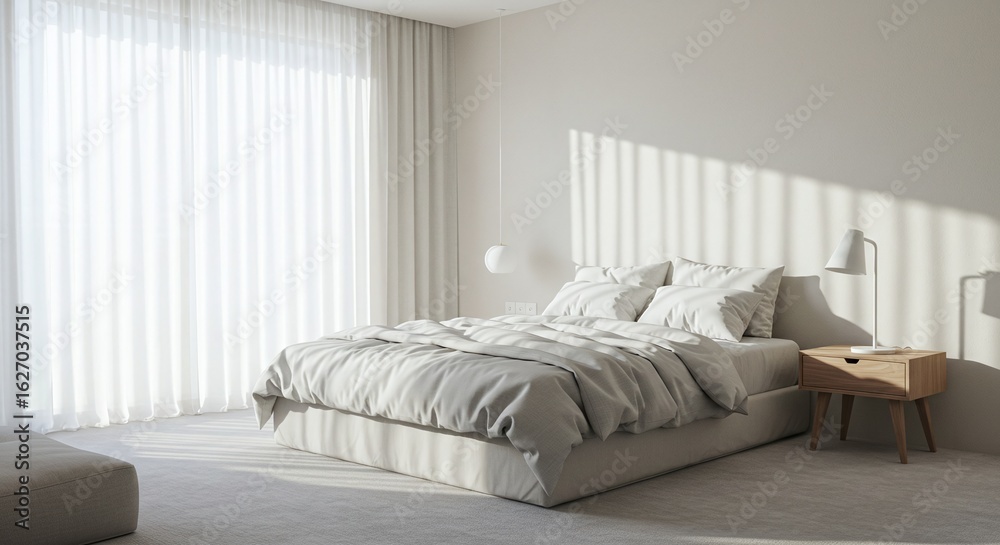 Fototapeta premium A serene and modern minimalist bedroom interior with bright natural sunlight casting diagonal shadows. A concept for tranquil contemporary living.