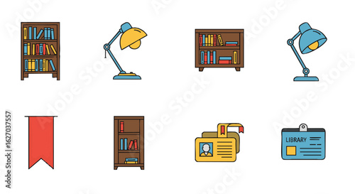 Library and Desk Icon Set Vector Illustrations of Bookshelves, Lamps, and Accessories