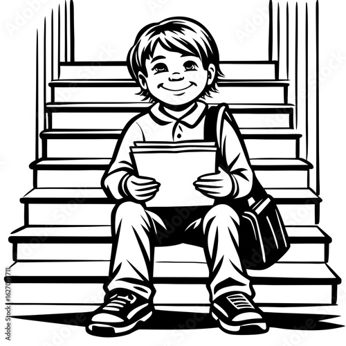 Young Student Resting on Staircase: A cheerful young student, holding paperwork, takes a moment to relax on a staircase, showcasing the simplicity and innocence of a youth.
