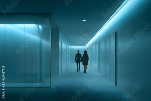Two silhouettes of business professionals walking down a modern corridor illuminated by soft blue lighting, creating a serene and futuristic atmosphere in a corporate environment