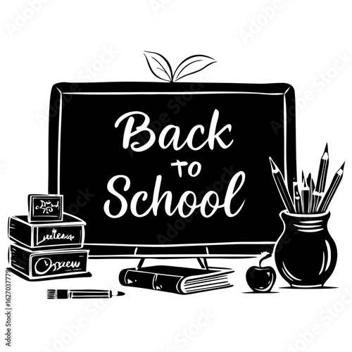 School Essentials: A black chalkboard displays Back to School amidst books, pencils, and an apple, a classic illustration for learning and education.